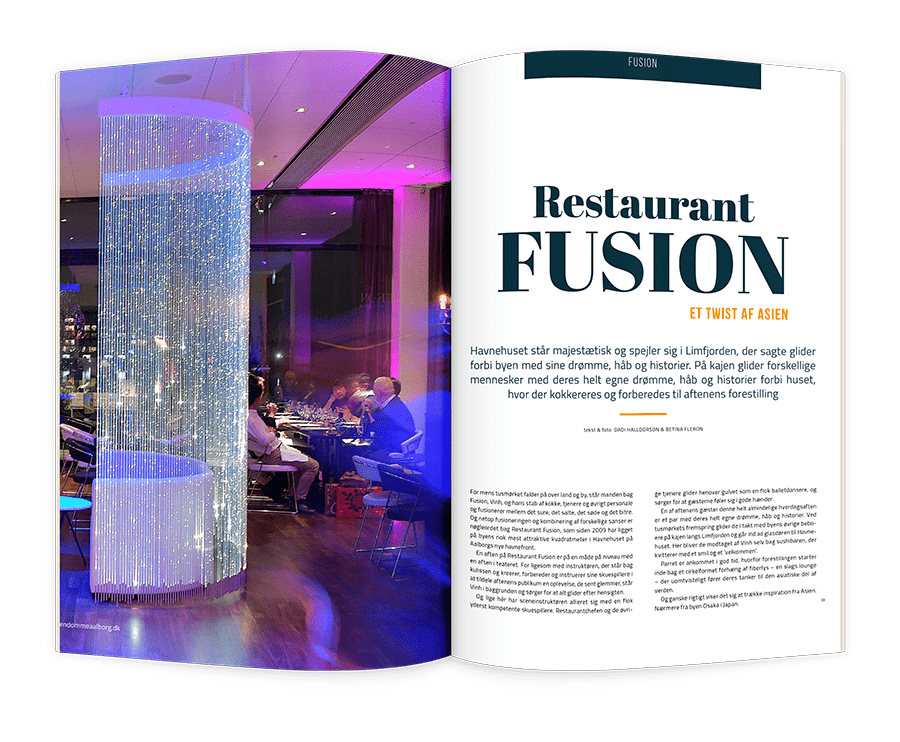 Reportage om Restaurant Fusion til reklamemagasin - Første opslag